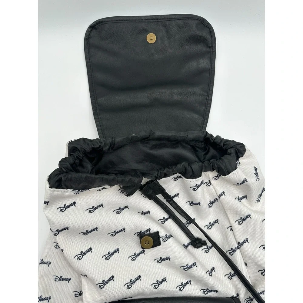 Disney Logo Slouch Backpack Women's‎ Black White Faux Leather Flap Drawstring